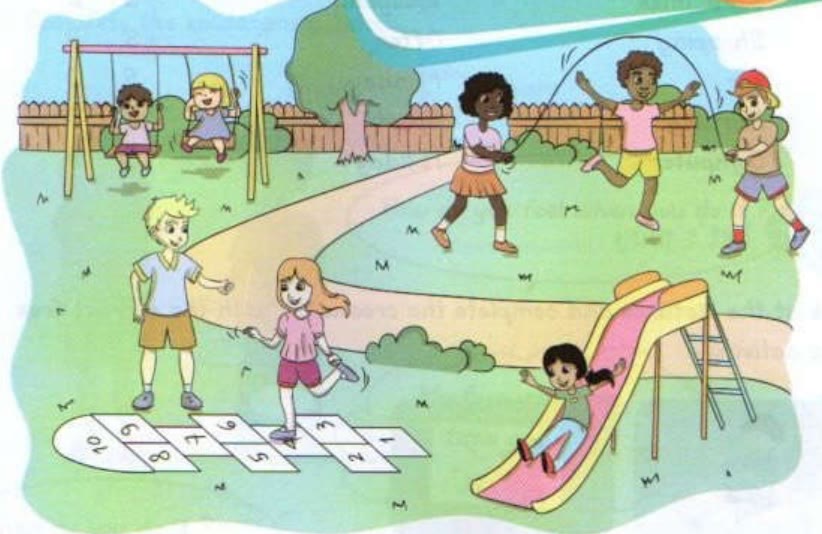 Children playing in a park: swings, rope skipping, hopscotch and a slide